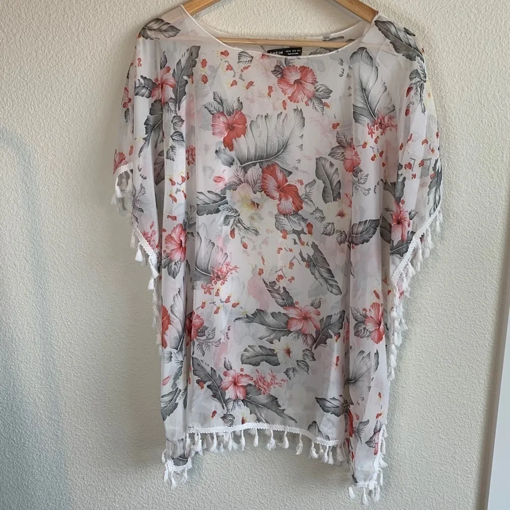 SHEIN sheer floral print tassel hem kimono XS - Image 9