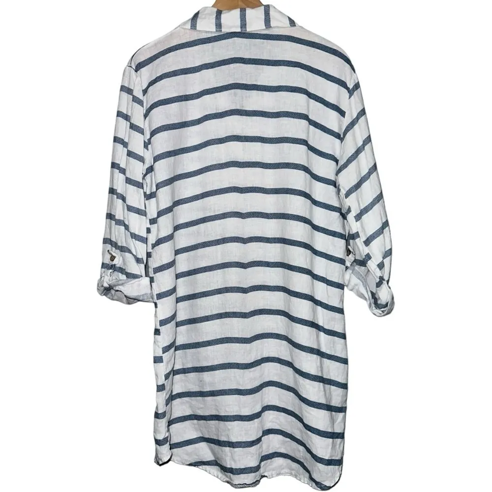 Viola Borghi S White Blue Striped Linen Oversized Roll Tab Button Down Shirt - Image 3
