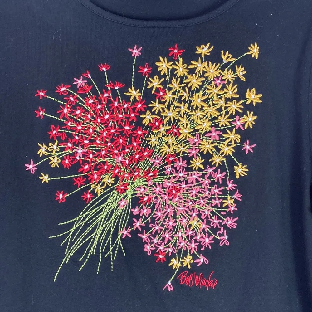 Bob Mackie Wearable Art black tee floral embroidery small - Image 2