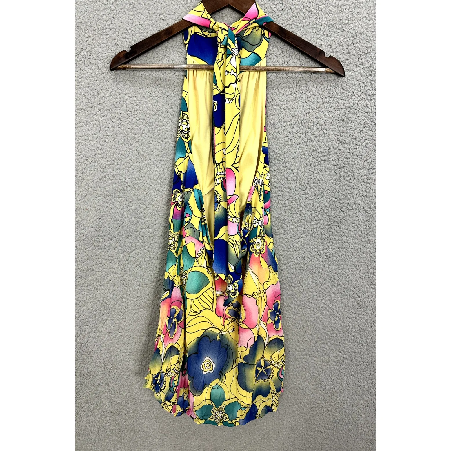 Bisou Bisou Halter Mini Dress S Yellow Pink Blue Floral Retro Mod Y2K Festival - Image 3