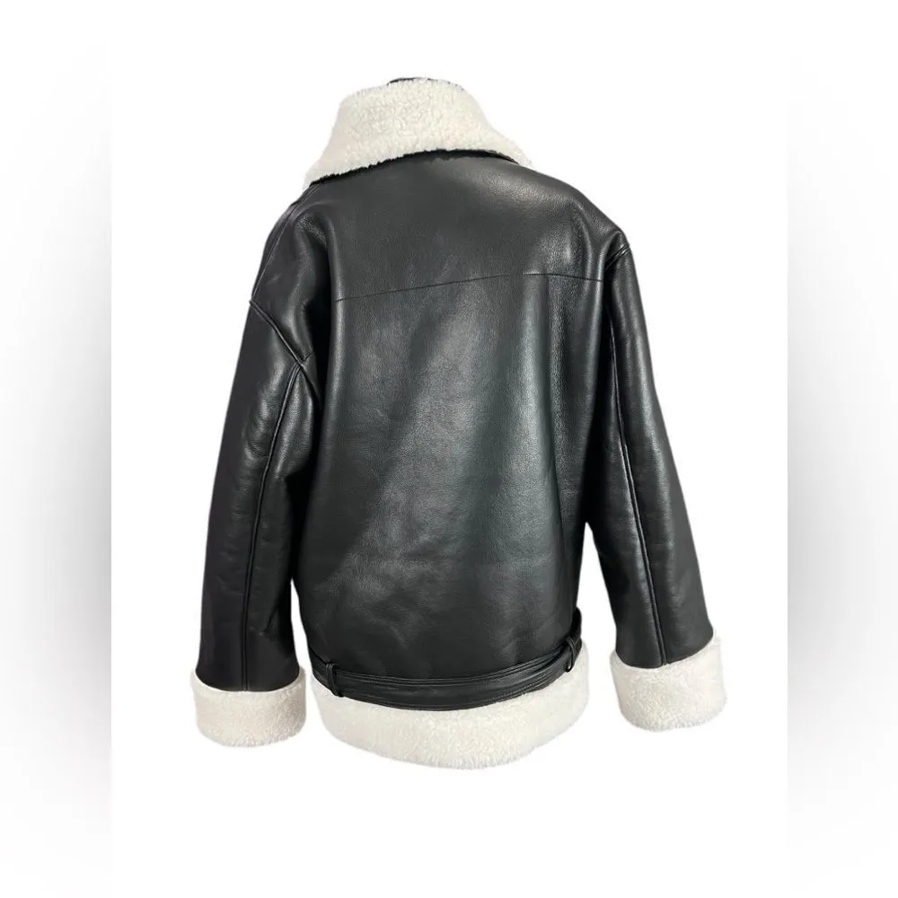 OW Collection STOCKHOLM JACKET Faux Leather Shearling Lined Biker Black M Size M - Image 5
