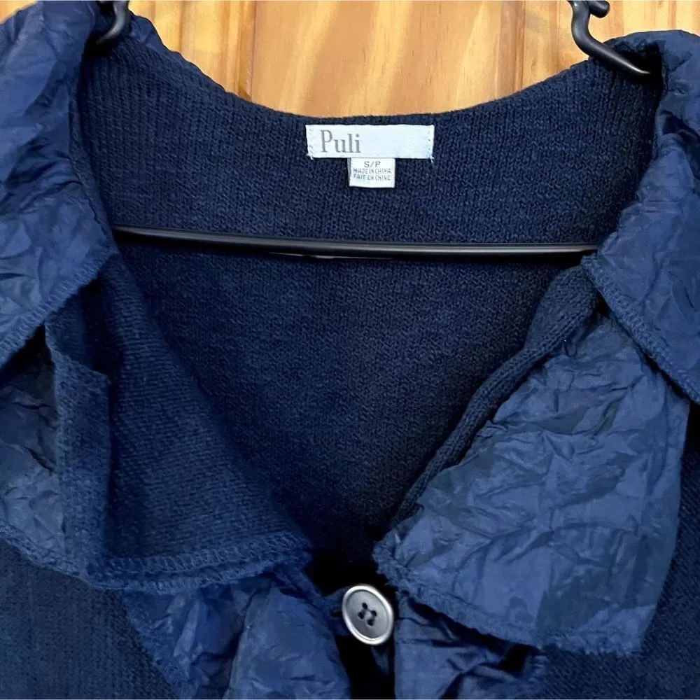 Puli Navy 3/4 Sleeve Ruffle Front Sweater Cardigan - Image 6
