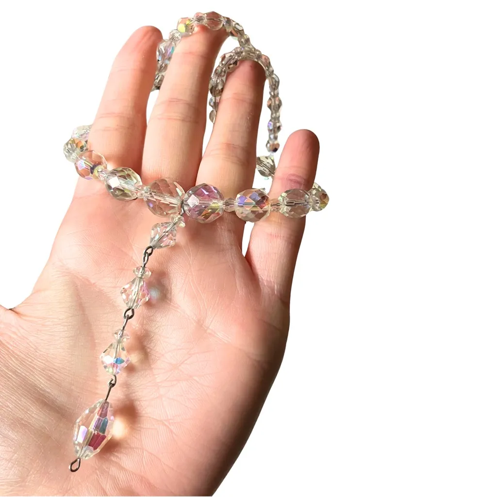 Vintage 50s Clear Crystal Aurora Borealis AB Iridiescent Glass Beaded Y Necklace - Image 6