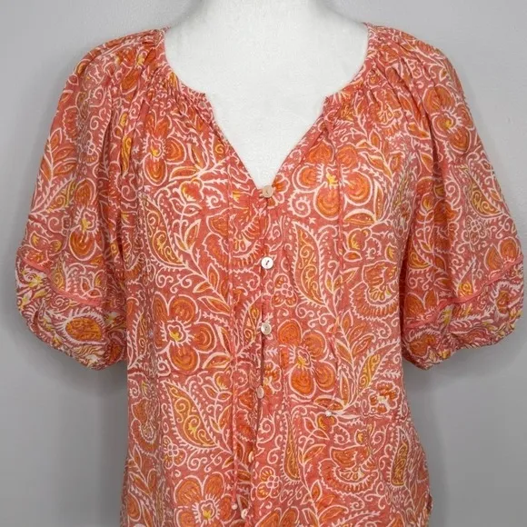 Cleobella Floral Boho Blouse Medium Pink Orange Puff Sleeve Button Front Top - Image 2