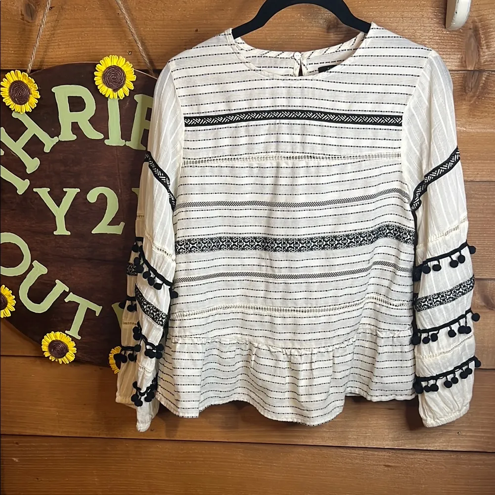 Zara Premium Bell Flare Sleeve Pompom Cotton Boho Stripe Texture Knit Flowy XS S - Image 3