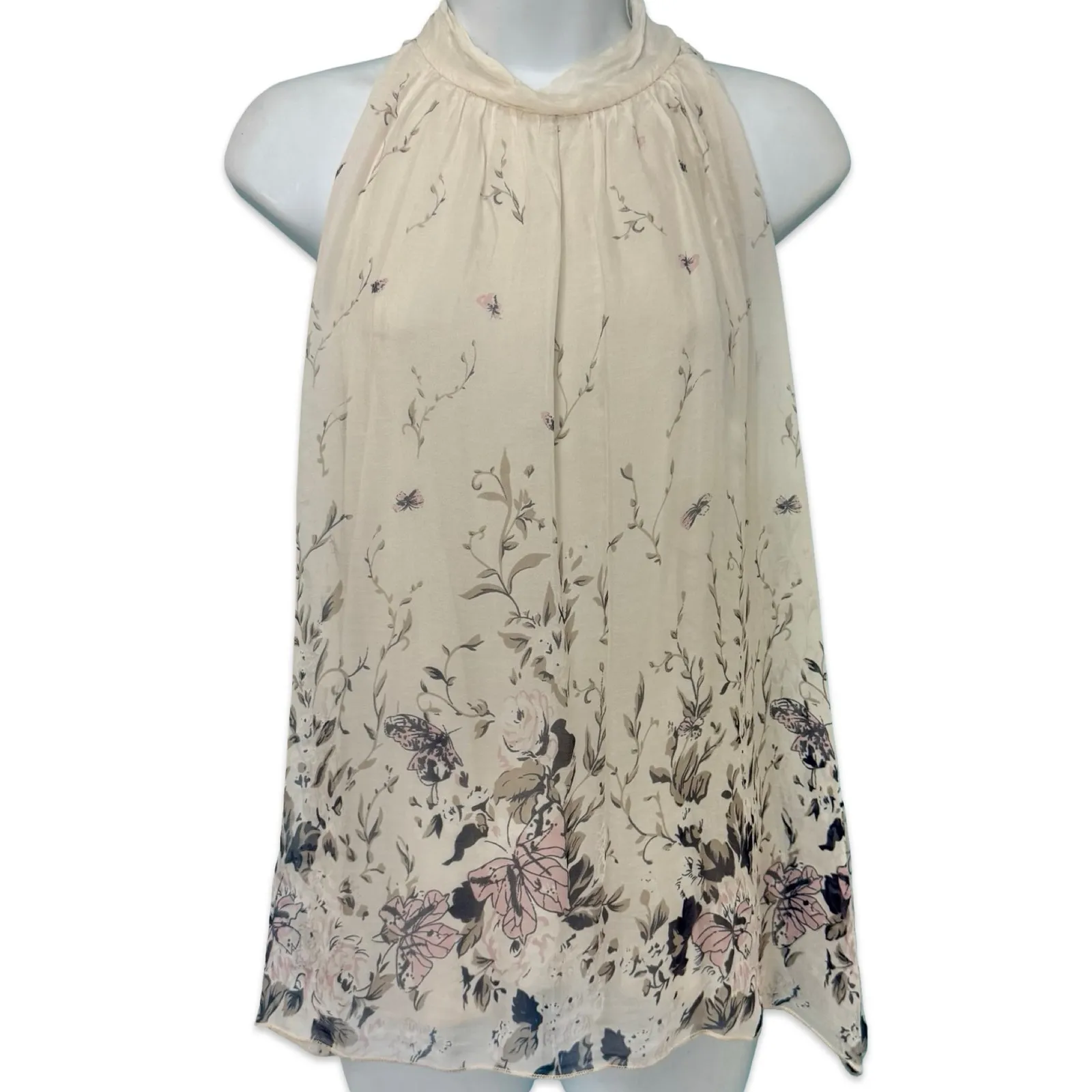 Via Signoria Cream Floral Purple Green Flowers Silk Sleeveless Halter Top size M Size M - Image 2