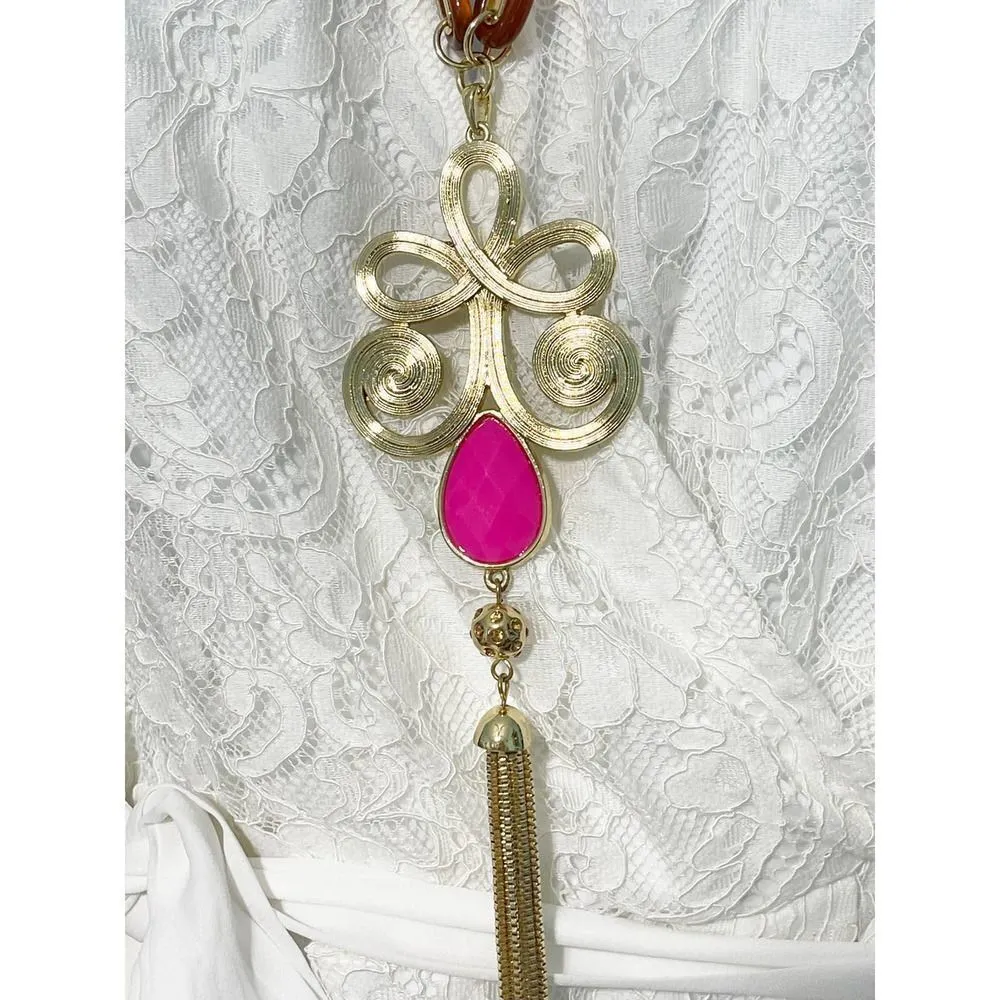 Lilly Pulitzer Boho Lariat Necklace Gold‎ Tone Chain Pink Stone Tassel Pendant - Image 4