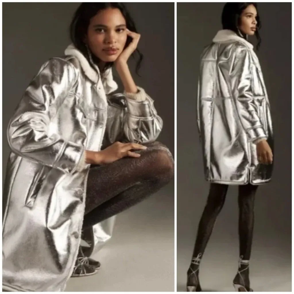 NWT 7 For All Mankind Silver Faux Shearling Coat Jacket Size S - Image 2