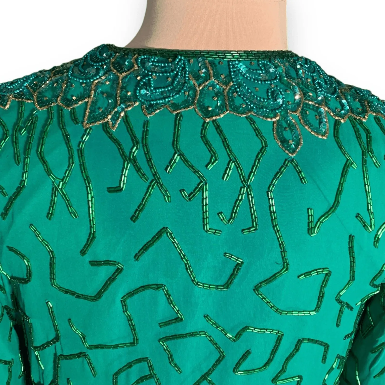 Vintage Razzle Dazzle Emerald Green Silk Beaded Open Front Evening Jacket Size M - Image 6
