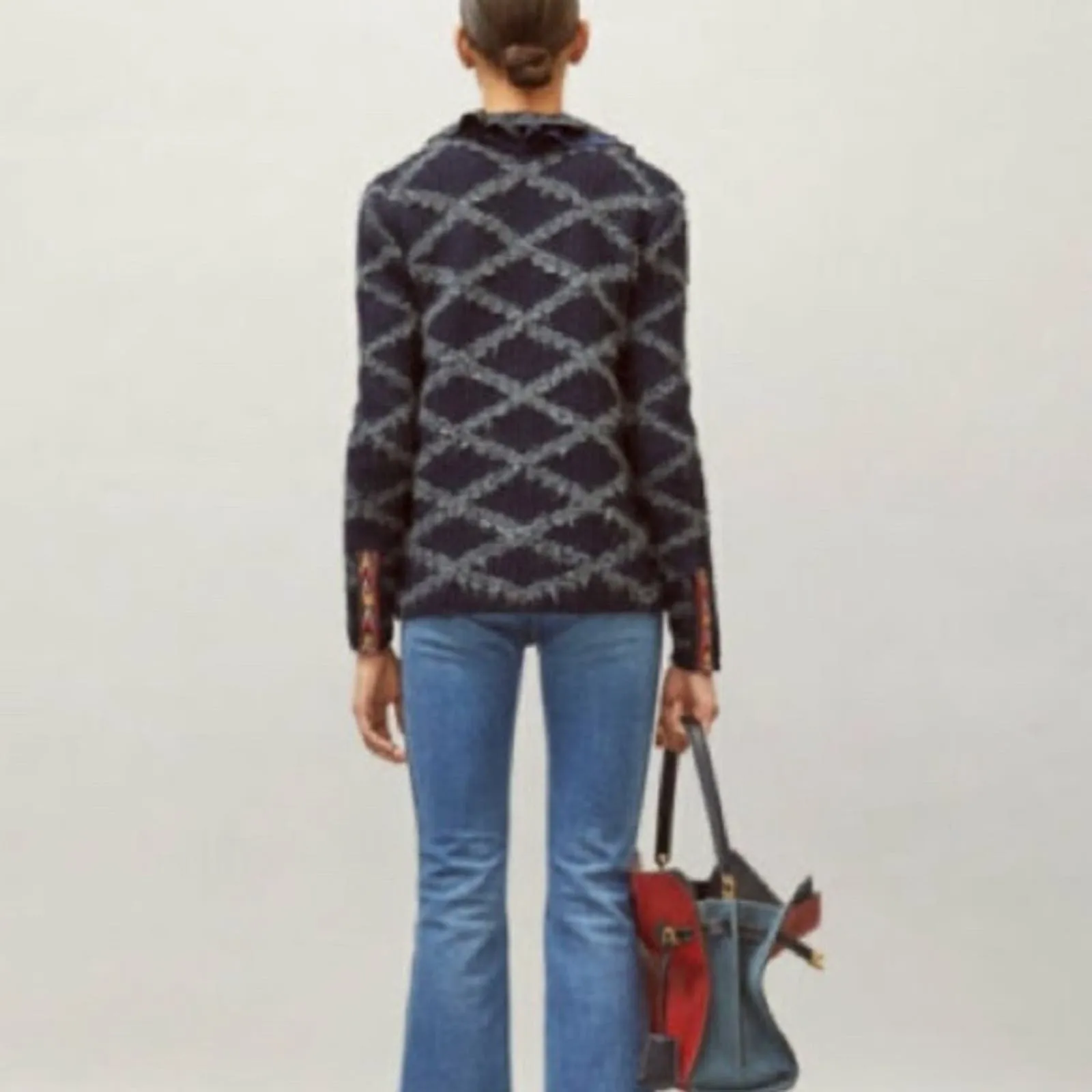 Tory Burch Tweed Trim Cardigan Sweater Coat Blue Red Gold‎ Womens size small - Image 3
