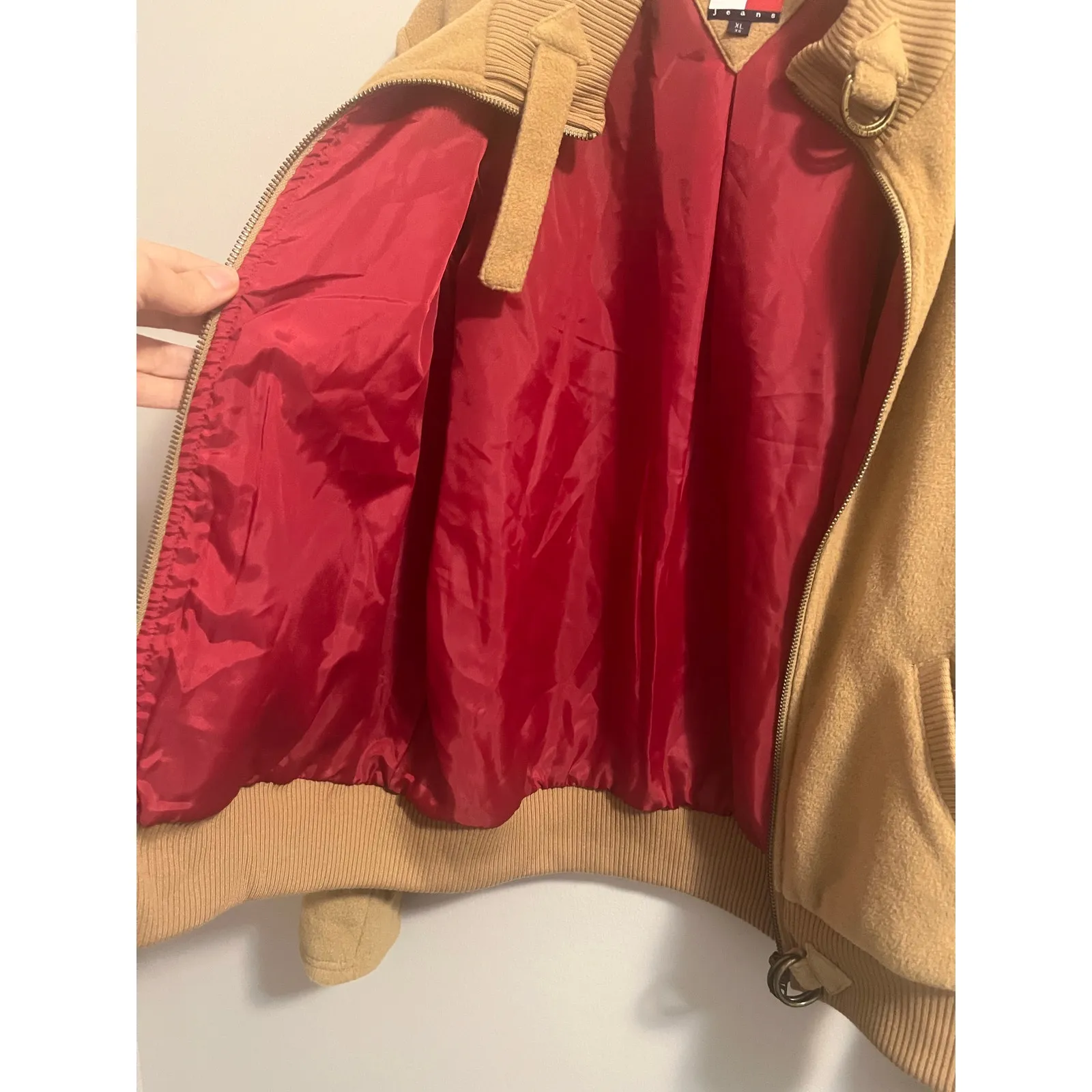 Vintage Y2K Deadstock NWT Tommy Hilfiger Bomber Jacket Fleece Tan Women's sz. XL - Image 6