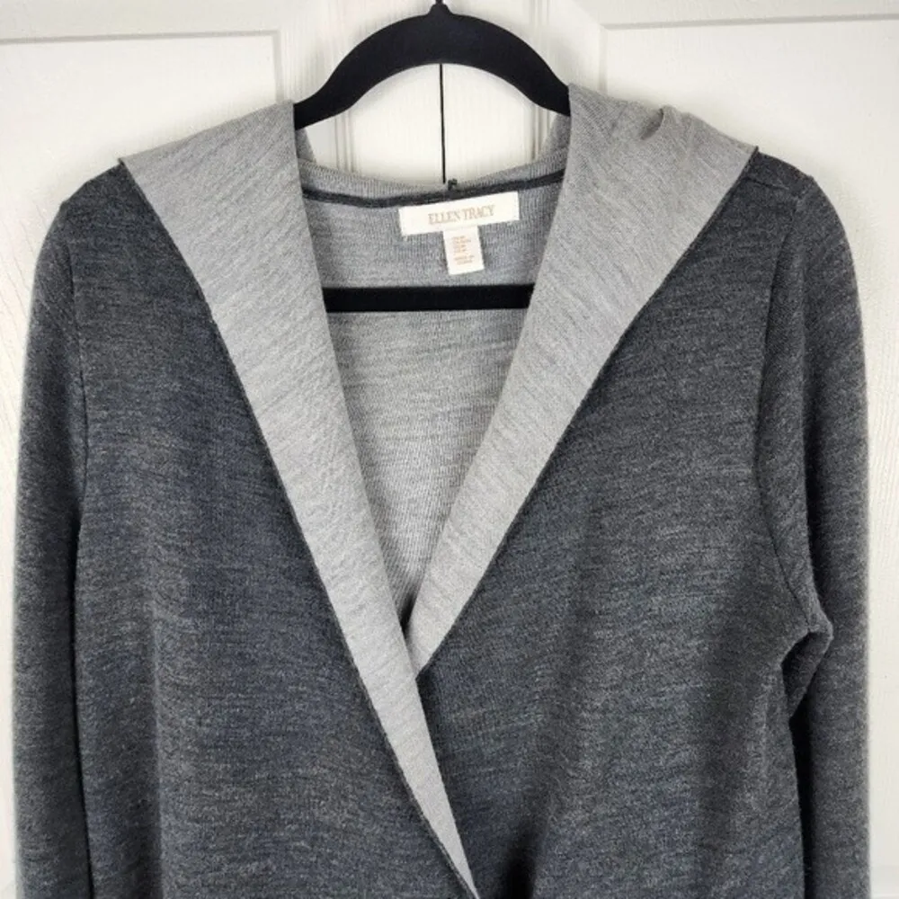 Ellen Tracy Hooded Cardigan Merino Wool Blend Sweater Toggle Charcoal Grey Sz M - Image 9