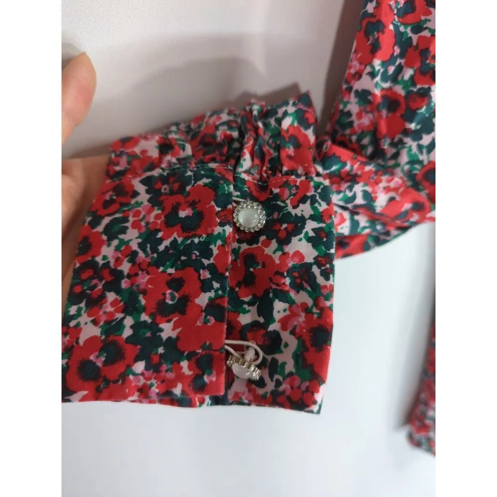 J.‎ Crew Cotton-Blend Poplin Ruffle Top Red Ditsy Floral Bohemian Womens XS - Image 3