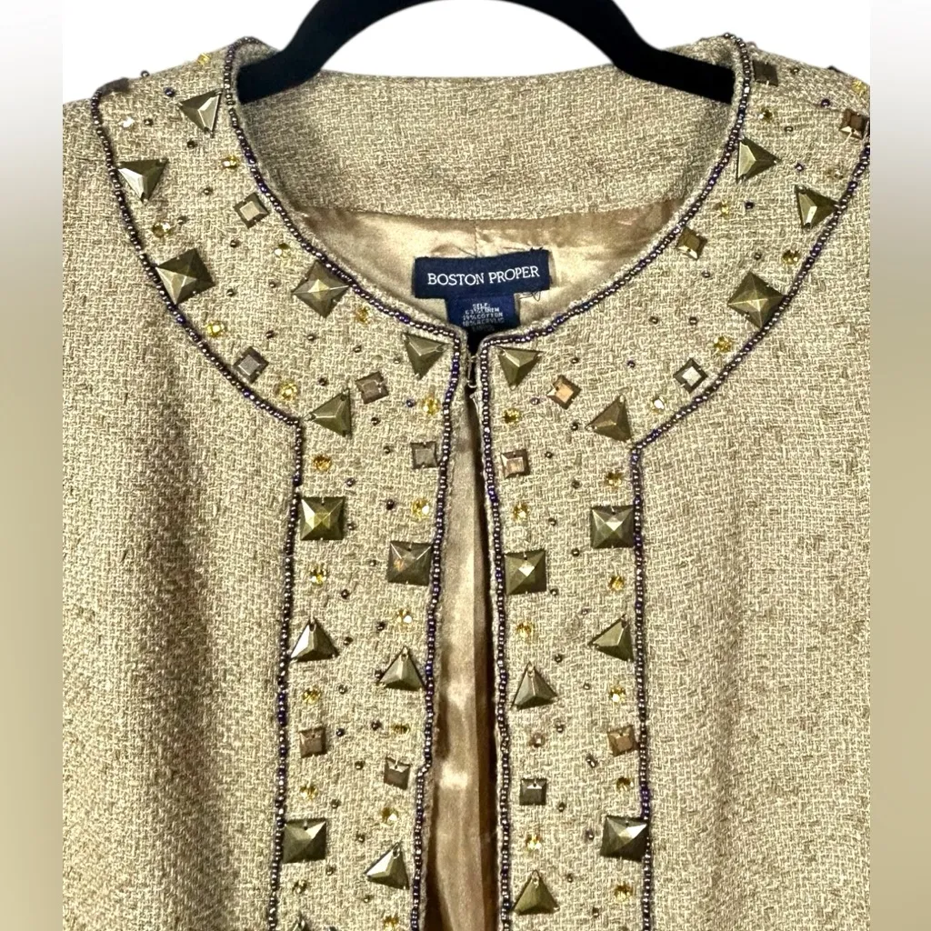 Boston Proper Women’s Stud Beaded Embellished‎ Tan Tweed Jacket Blazer Size 8 - Image 2