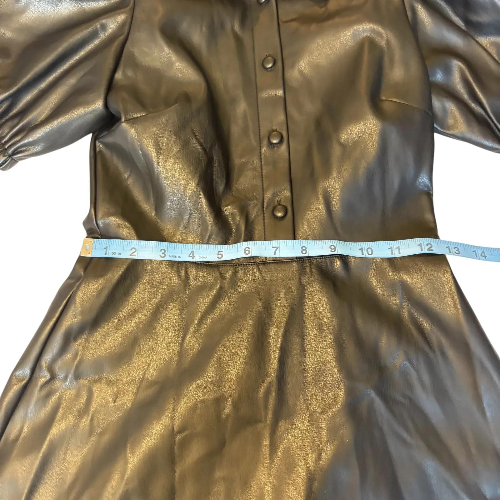 Zara‎ Black Faux Leather Puff Sleeve Collared Button Up Fit Flare Dress XS - Image 4