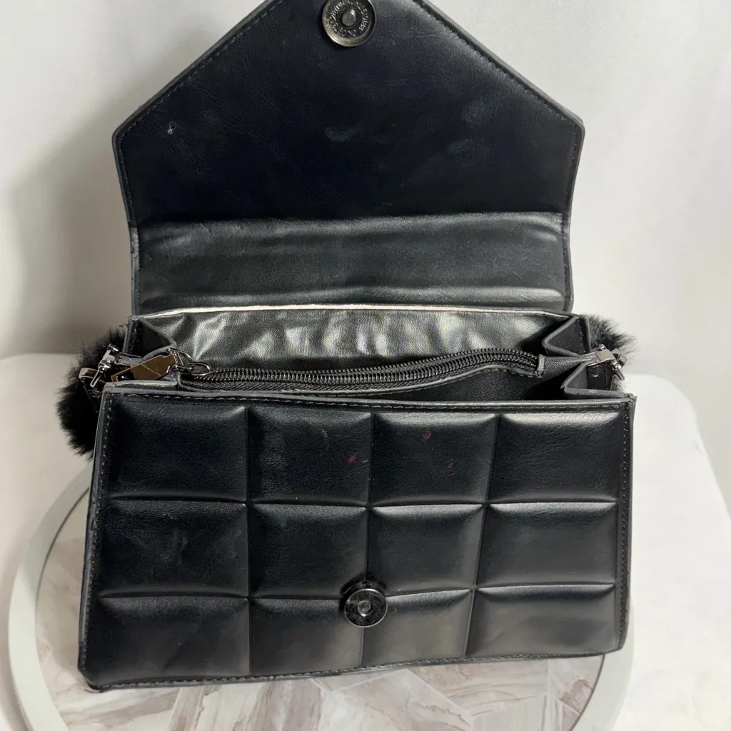 Black Quilted Faux Leather Handbag With Chain Strap And Strawberry Charm - Image 6
