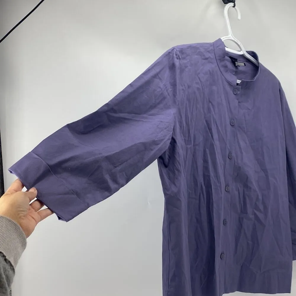 Eileen Fisher cotton mandarin collar purple 3 quarter sleeve button down sz L - Image 3