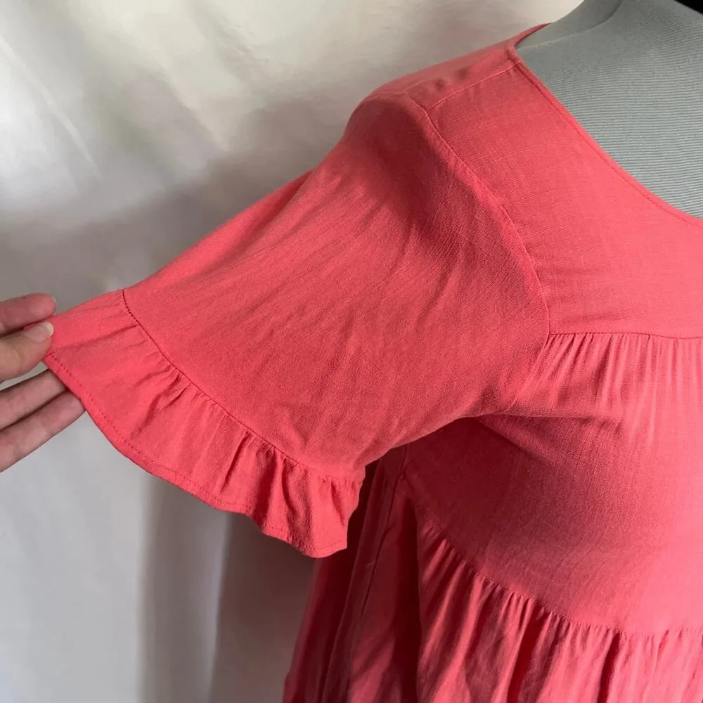 Torrid Babydoll Mini Dress Sz 2X Coral Boho Texture Tier Ruffle Peasant Romantic - Image 3