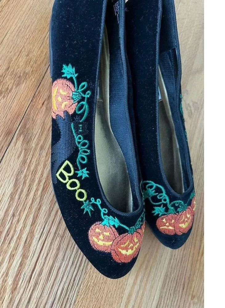 Mootsie Tootsies Women's Halloween Ballet Flats Shoes 8.5 Velvet BOO Pumpkin Cat - Image 2