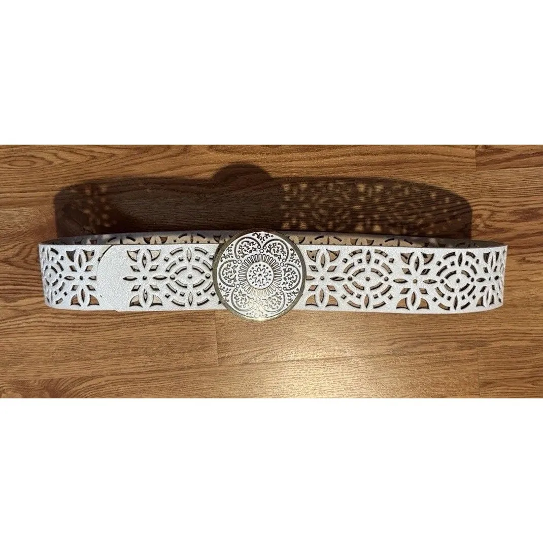 Coldwater Creek White Leather BELT Large Gold Tone Buckle X1 / XL Scroll 48” - Image 5
