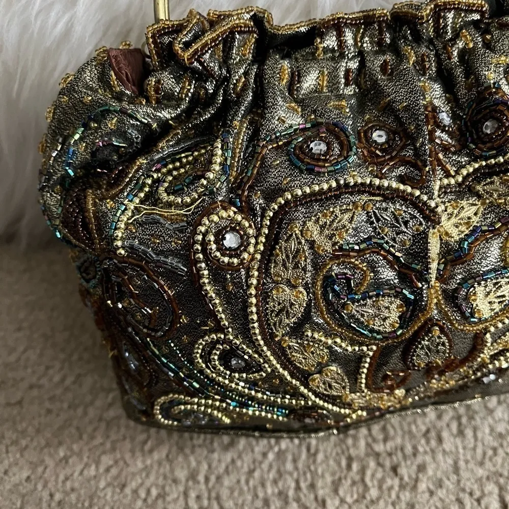 Vintage 70s Gold beaded lame egyptian flapper girl formal purse evening clutch - Image 2