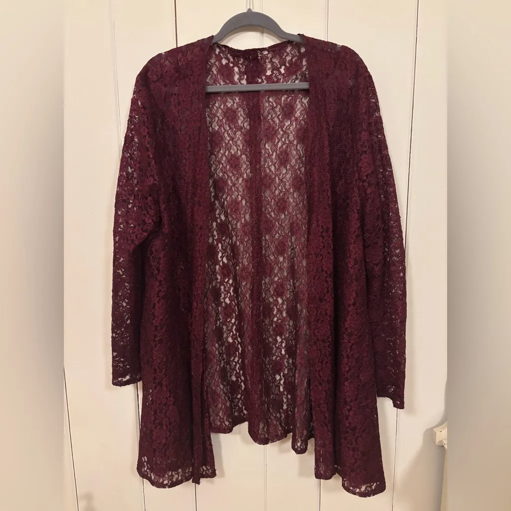 Burgundy / Dark Red Floral Mesh Net Women’s Long Cardigan - Image 2