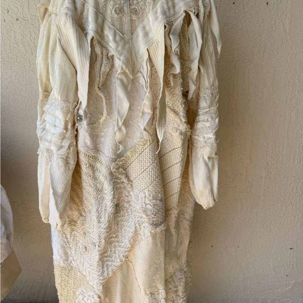 Vtg Vintage 1980s Designer Knit Patchwork Beaded Boho Cottage Core Duster Cache - Image 4