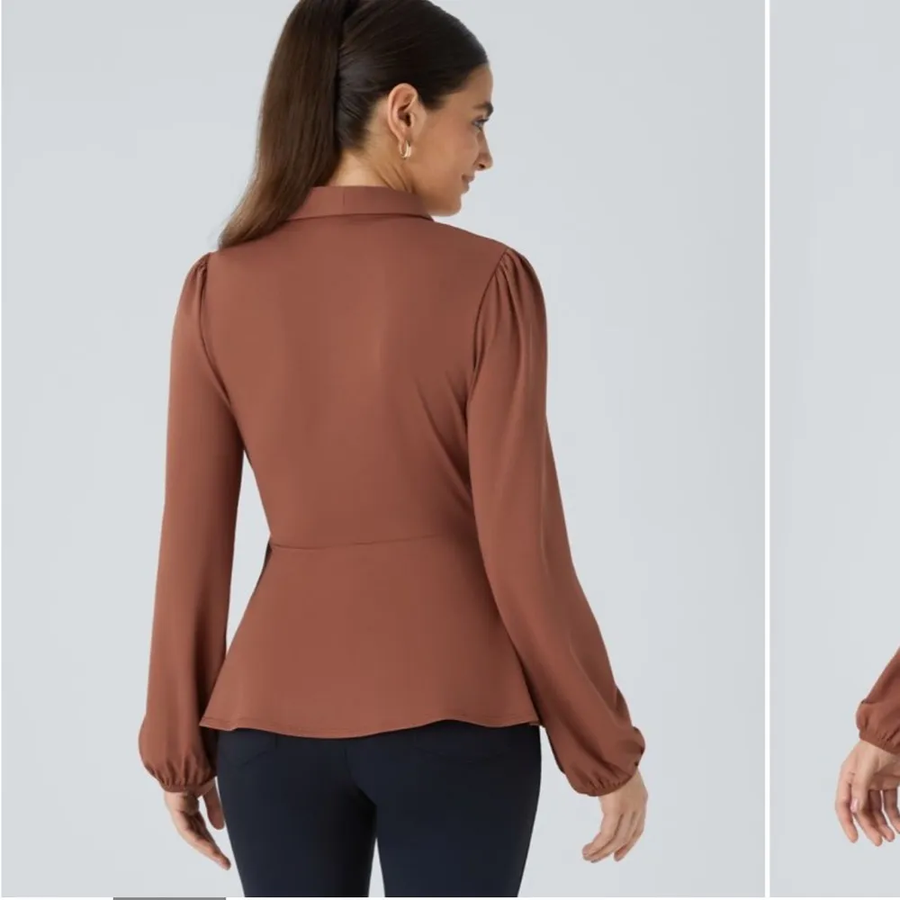 Halara Shawl Collar Wrapped Tie Side Ruffle Hem Work Blouse Reddish brown XL - Image 3