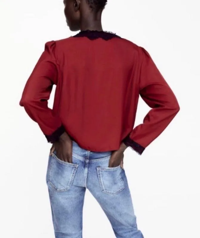 Lace Shirt Tie Blouse Silk - Image 6