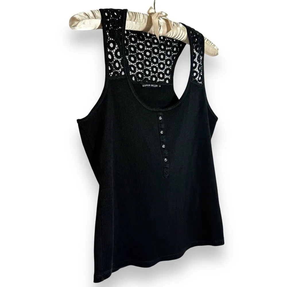 Karen Millen Tank Top‎ 16 (XL) Black Ribbed Scoop Neck Stretch Eyelet Racerback - Image 2