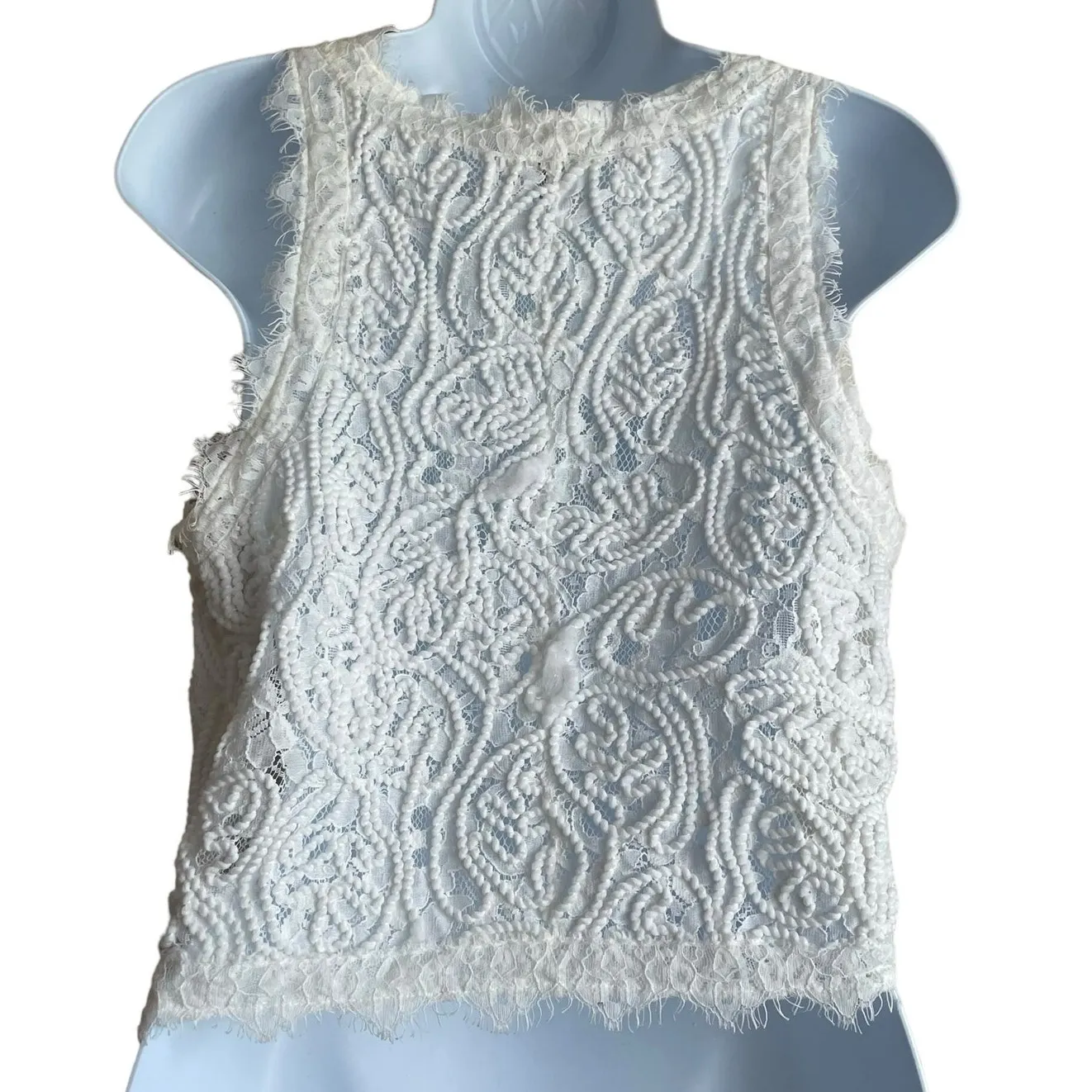 Y2K Sans Souci Women Crop Top L‎ Ivory Crochet Lace Distress Fraying Festival - Image 3