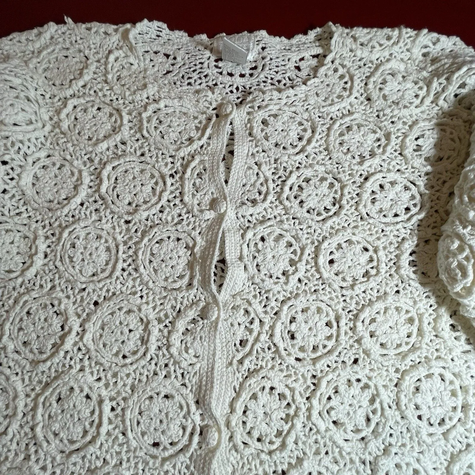 Moda Intl Crochet Button Front Cardigan Womens Med Ivory Medallion Vtg Y2k Retro - Image 10