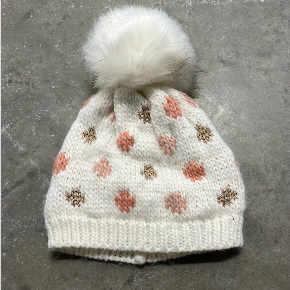 LC Lauren Conrad  Knit Faux Fur Pom Pom Beanie Neutral White Pink - Image 2