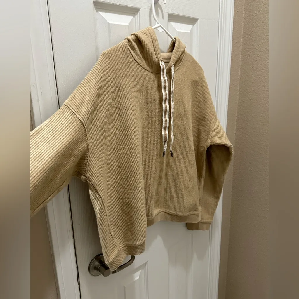 AERIE ribbed cropped drawstring sweatshirt hoodie size Medium tan - Image 10
