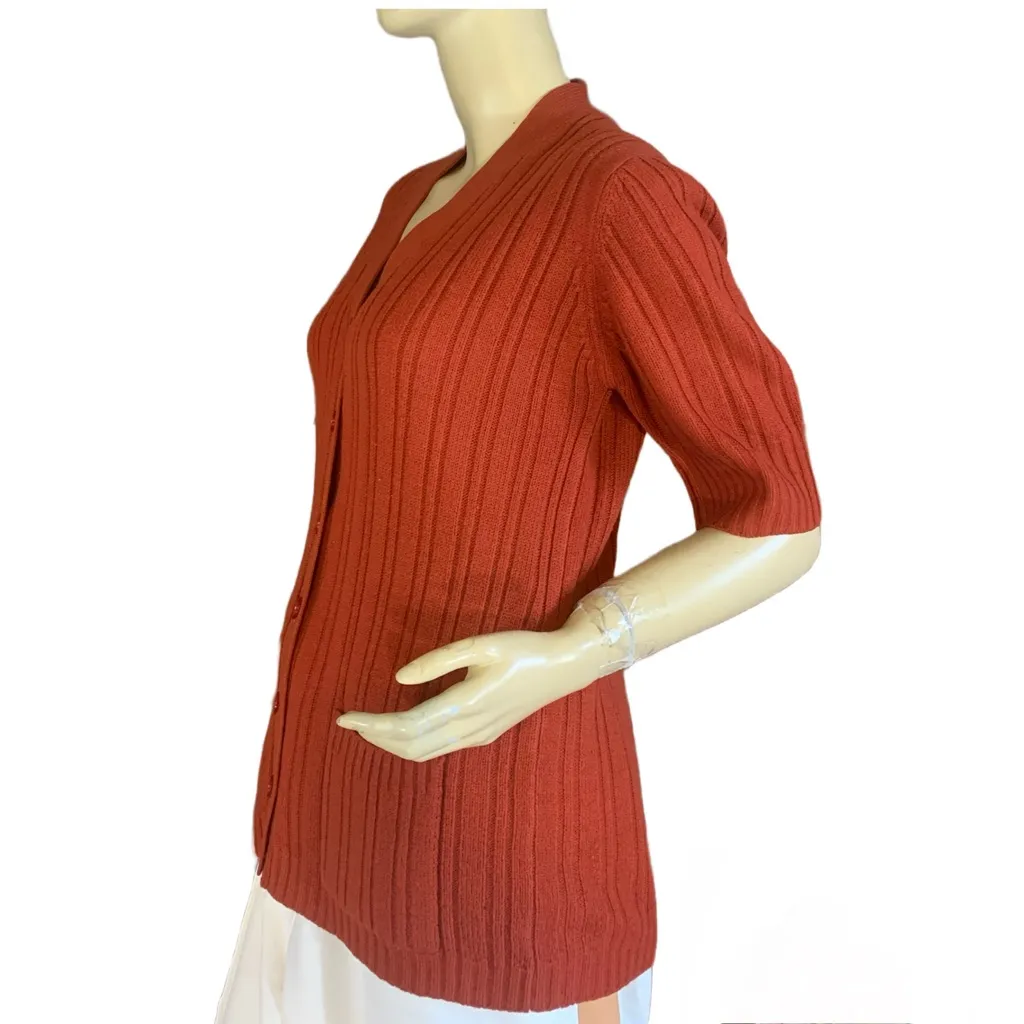 VINTAGE 1970'S BURNT ORANGE GRAND PRIX KNIT "GRANDPA" SHORT SLEEVE CARDIGAN (M) Size M - Image 7