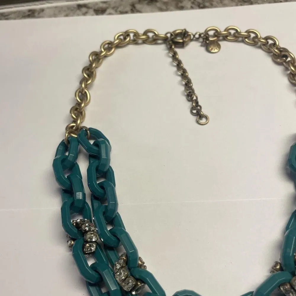 Signed J. Crew Green / Gold Tone  Chain Costume Necklace Rhinestone - Image 7