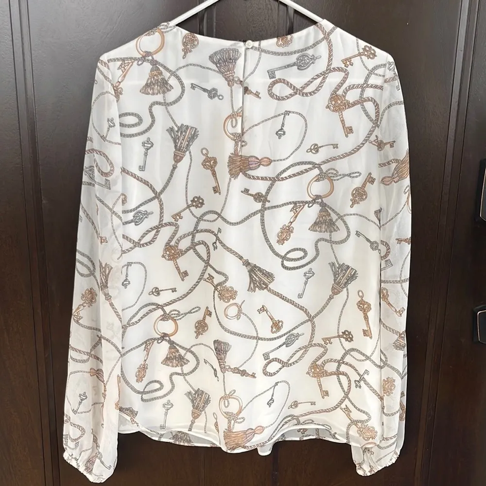 EUC White House Black Market Rope and Tassel Print Blouse - Image 9