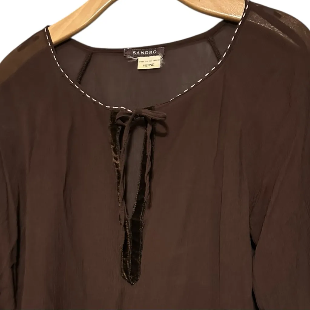 Sandro Women’s Size S Dark Brown Chiffon Velvet Sleeve Tie Neck Top Blouse - Image 4