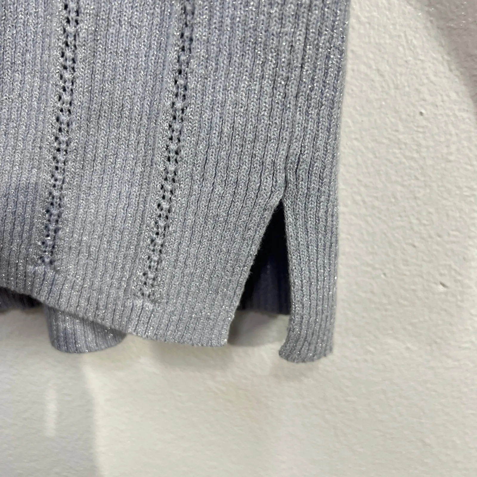 Quacker Factory Sparkle V-Neck Embellished Knit Silver Metallic Ribbed Sweater - Image 8