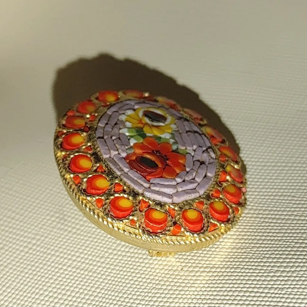 Vtg Italian Micro Mosaic Floral Oval Brooch Red Yellow Accents Gold Tone Pin - Image 7