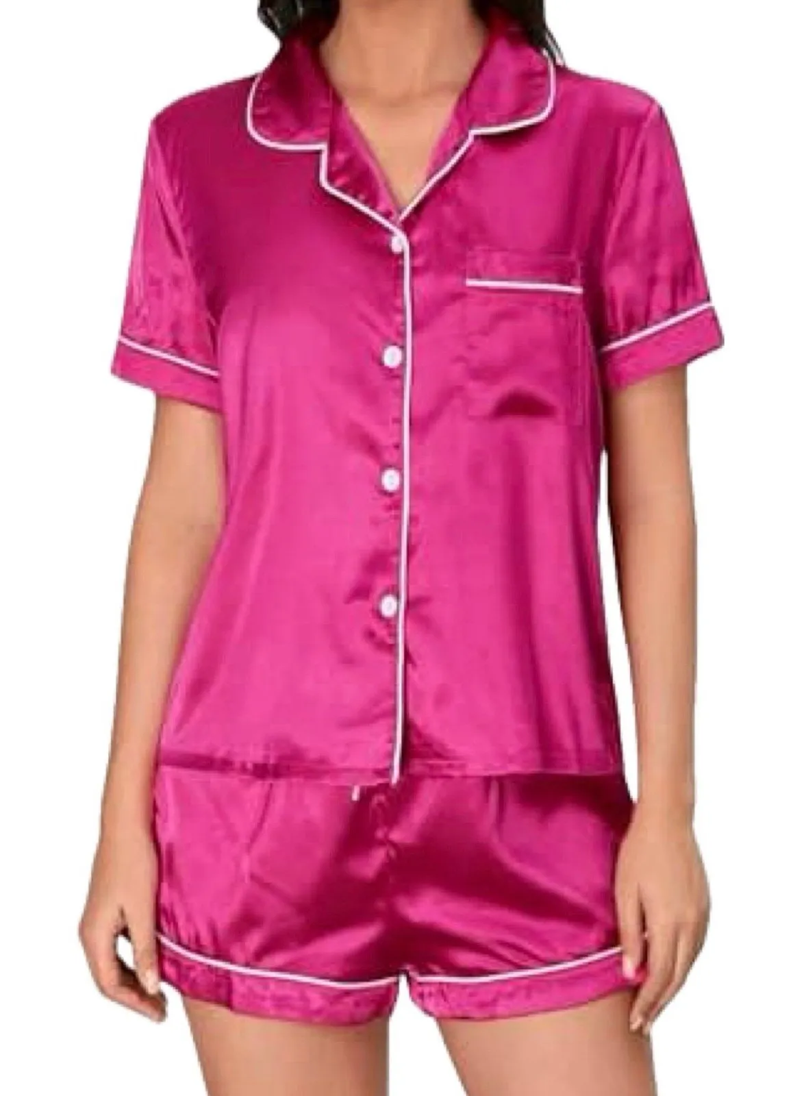 Unbranded Fuchsia Pink Button Down Pull On Shorts Satin Pajamas PJ Set XL - Image 1