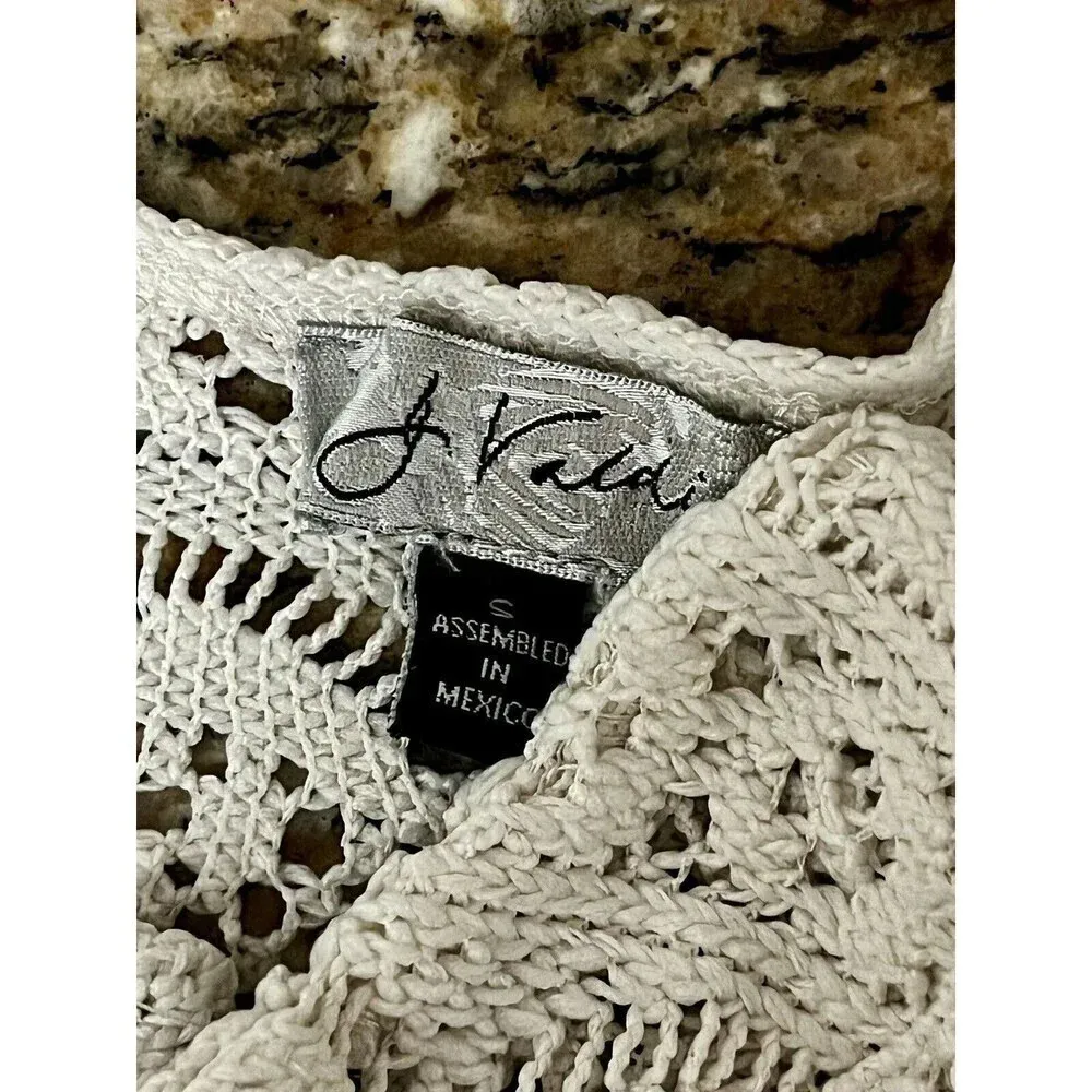 J Valdi White Crochet Beach Coverup Mini Dress Sheer Boho Tunic Women’s Hippie S - Image 9
