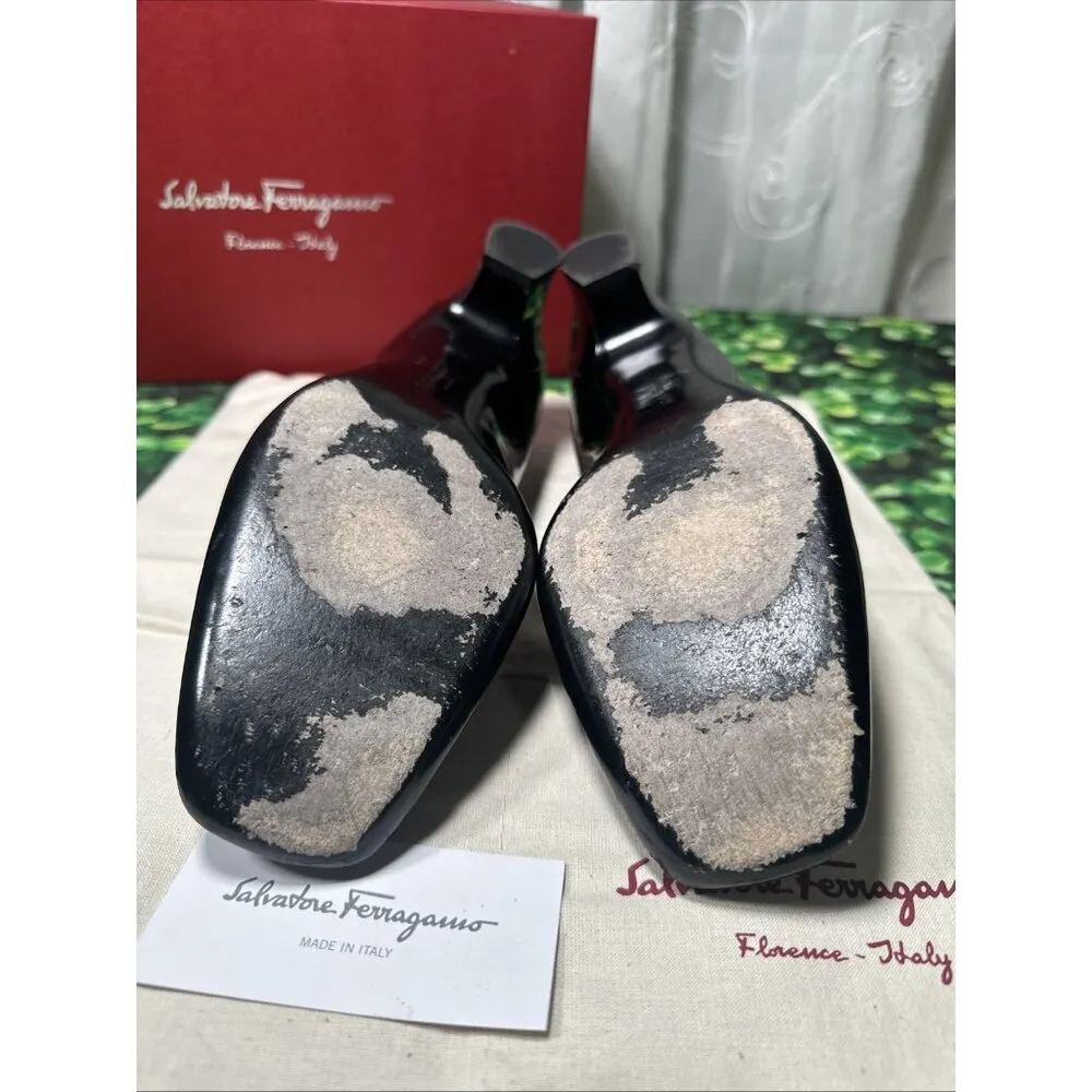 Salvatore Ferragamo Black Patent Leather Chunky Kitten Heels Pumps size 10 AA - Image 12