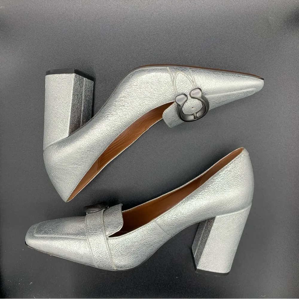 Coach Heeled Jade Loafer Silver Crackled Leather  Square Toe Size 6 - Image 4