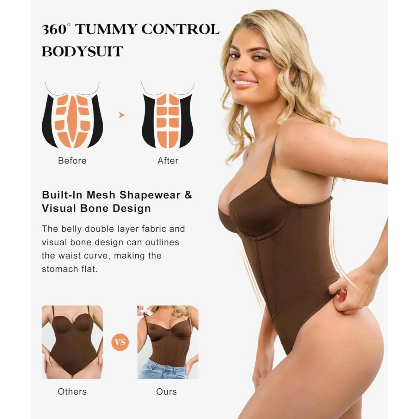 Popilush Corset Bodysuit Built in Bra V Neck Tummy Control Thong Shapewear Brown Size XL - Image 3