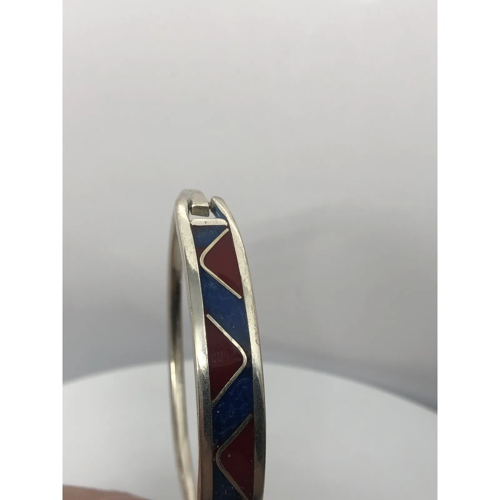 Vintage Mexican Silver Bangle Bracelet .925 Hinged‎ Blue Red Inlaid Solid 6.25" - Image 7