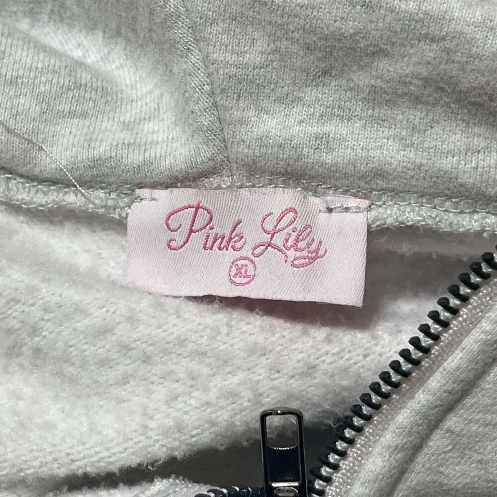 Pink Lily Cropped 1/4 Zip Hoodie Sweatshirt Gray Size XL Extra Large Cotton - Image 4