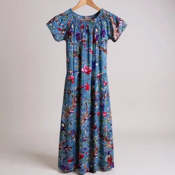 Guadalupe Design Momposina‎ Maxi Dress Small Blue Floral Parrot Off Shoulder - Image 3