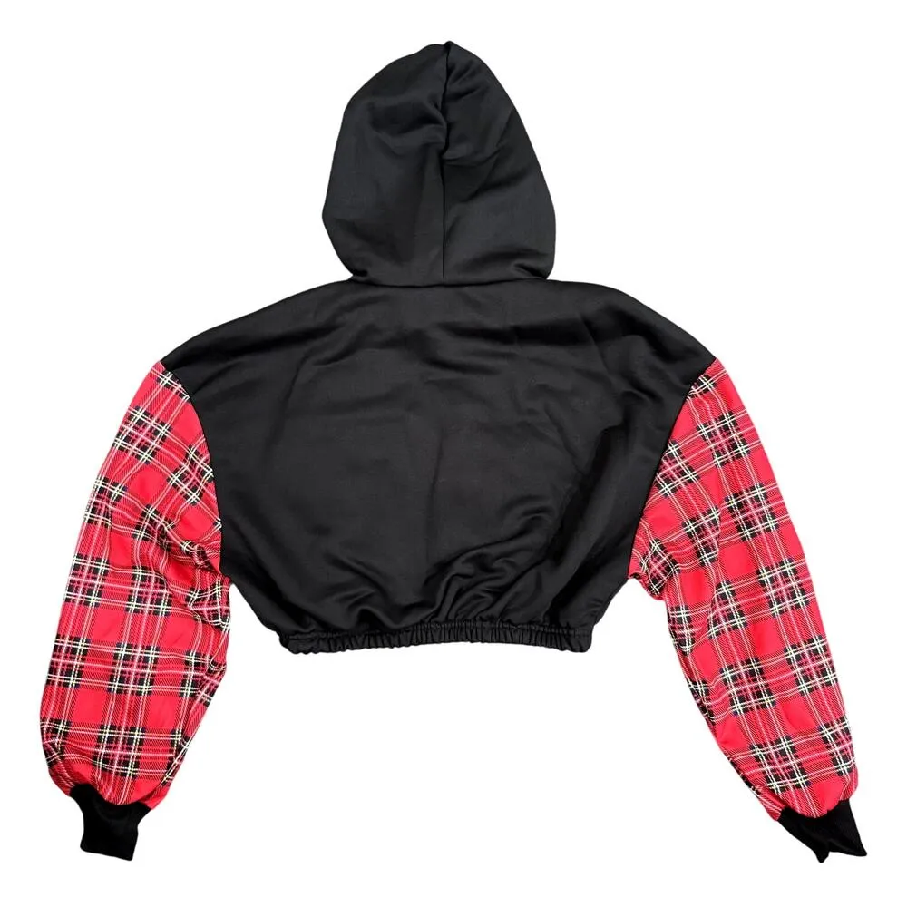 Woman's Cropped Plaid/Graphic '88' Hoodie in Black/Red, Size M​ - Image 2