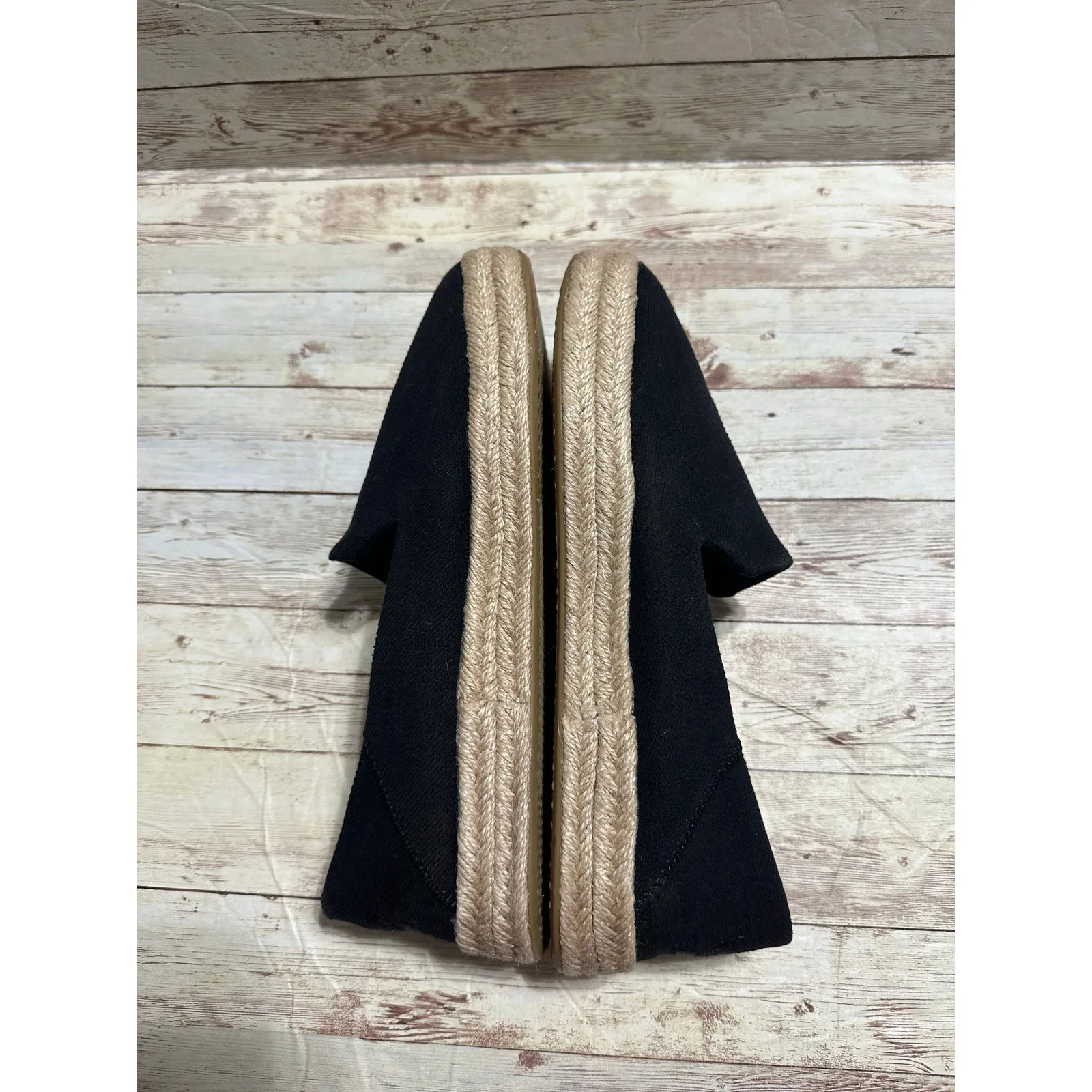 Toms Slip On Canvas Espadrille Shoes Women's Size 10 Black Tan Comfort Platform - Image 7